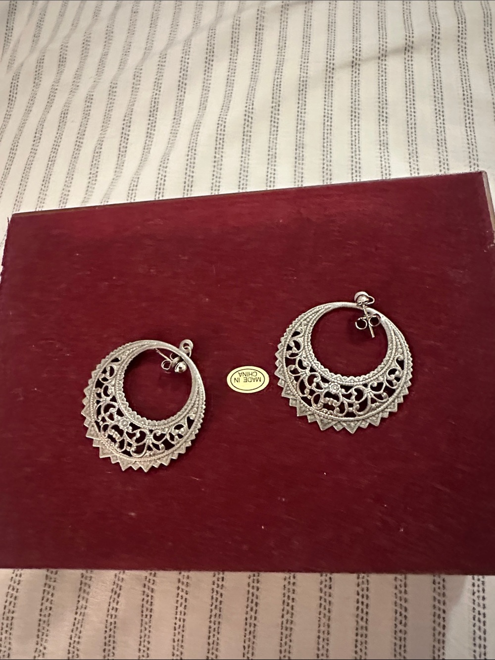 Vintage Silver Filigree Crescent Hoop Earrings